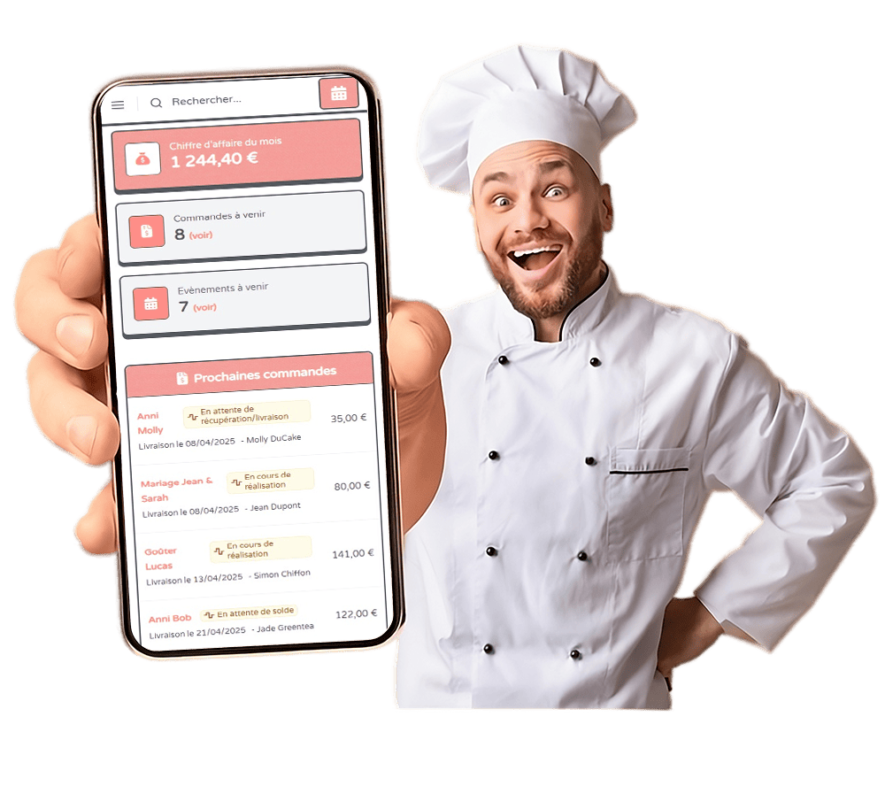 ProCake software interface showing the management dashboard for bakers with orders, recipes and analytics